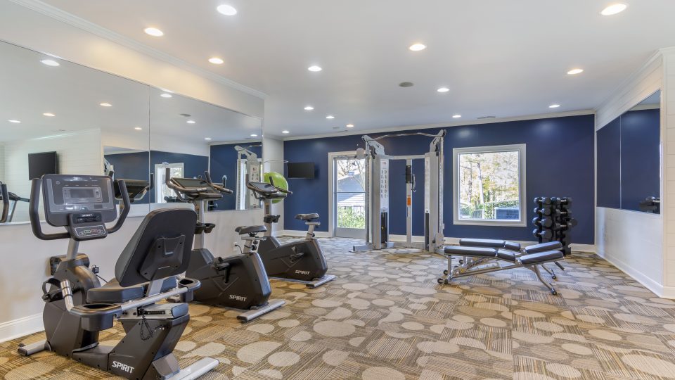 a gym room with exercise equipment and blue walls at The  Wynne